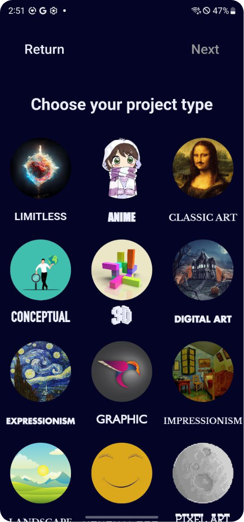 screenshots of the project selection in the mobile app imagineAI