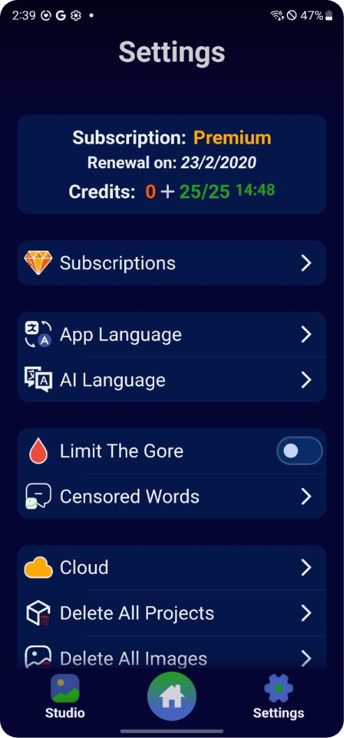 screenshots of the settings of the mobile app imagineAI