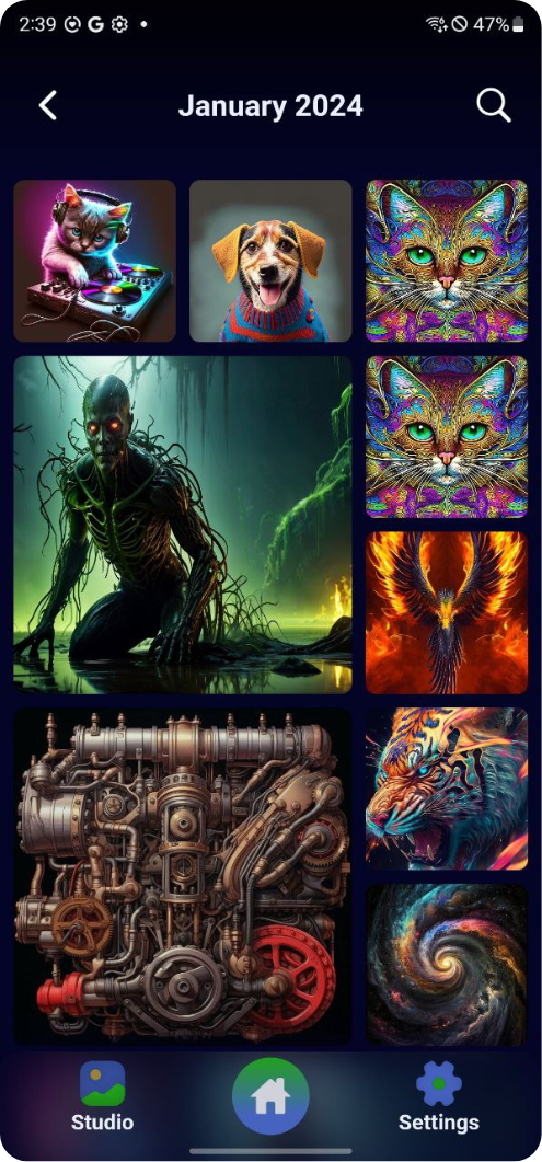 screenshots of the studio gallery of the mobile app imagineAI